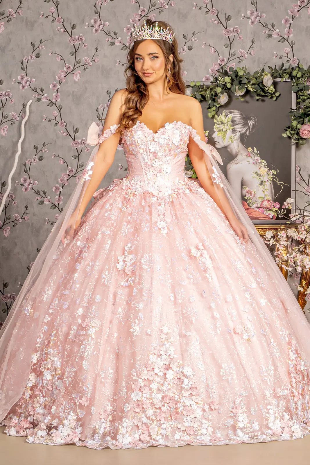 Detachable Ribbons Jewel Mesh Ball Gown w/ Side Mesh Long Drapes GLGL3465