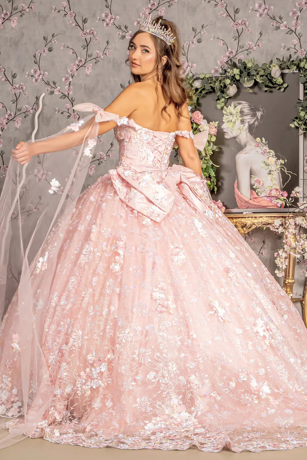 Detachable Ribbons Jewel Mesh Ball Gown w/ Side Mesh Long Drapes GLGL3465