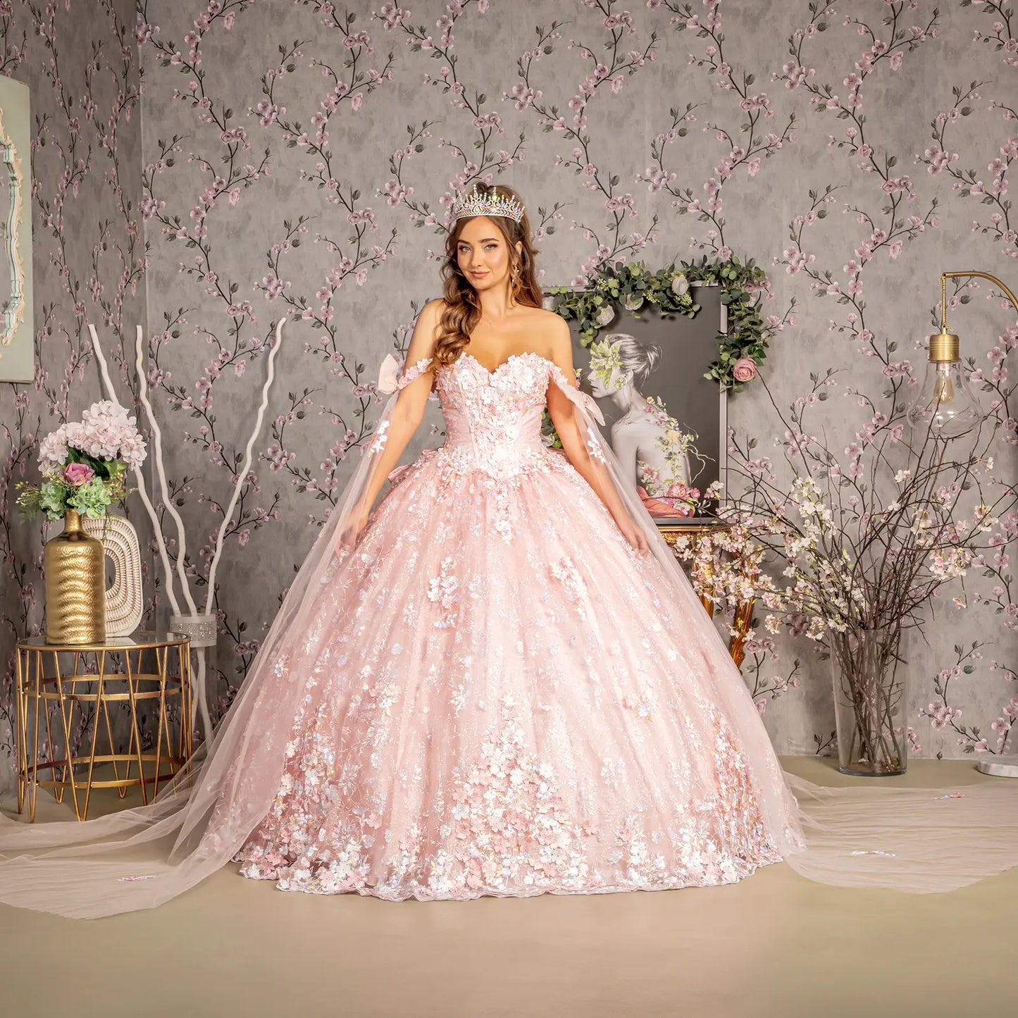 Detachable Ribbons Jewel Mesh Ball Gown w/ Side Mesh Long Drapes GLGL3465