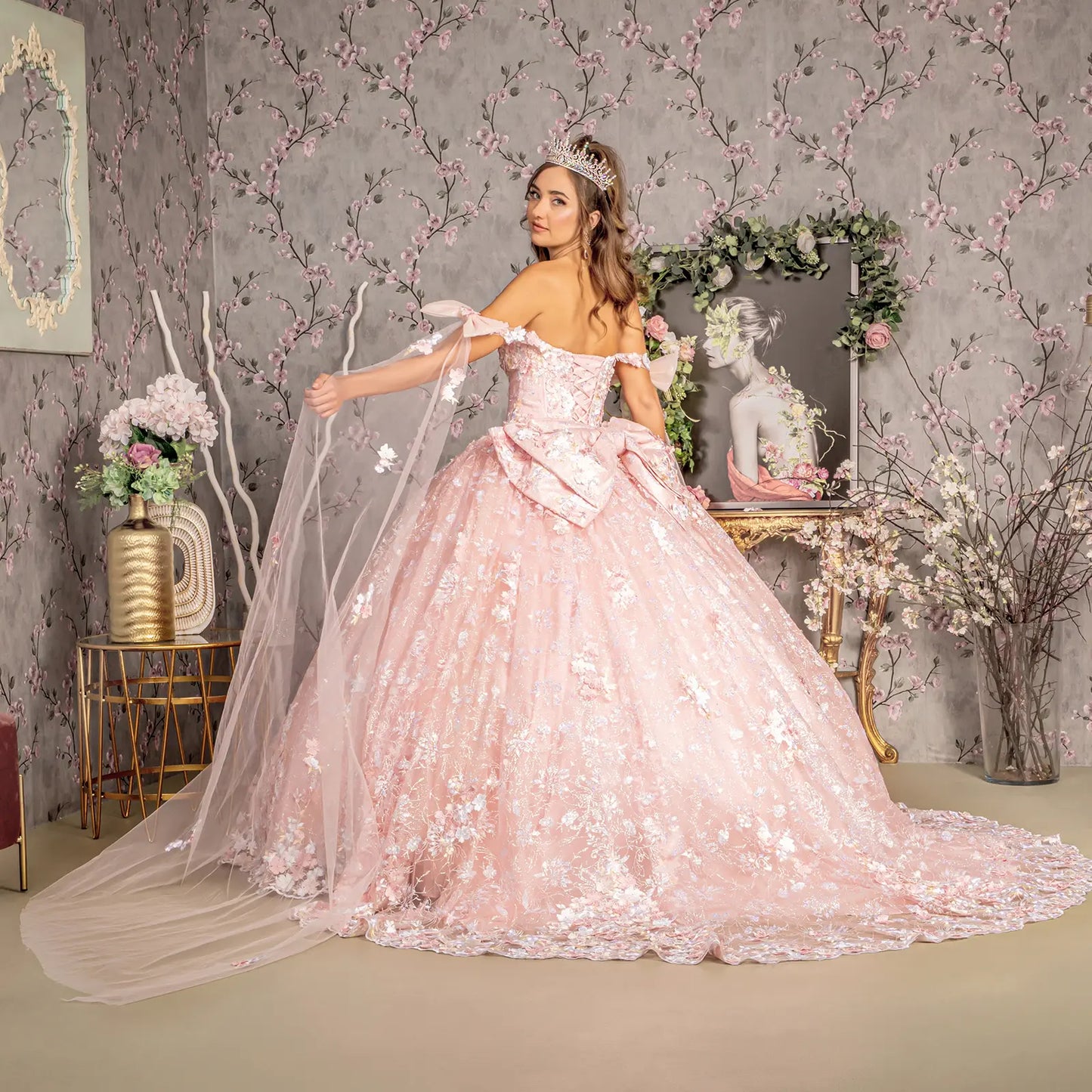 Detachable Ribbons Jewel Mesh Ball Gown w/ Side Mesh Long Drapes GLGL3465