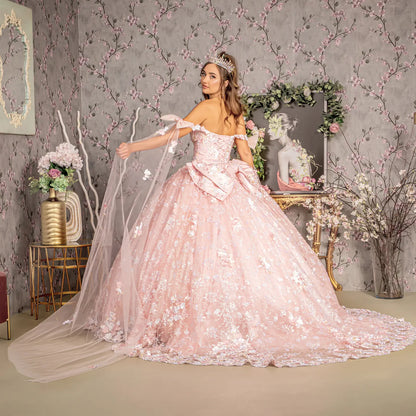 Detachable Ribbons Jewel Mesh Ball Gown w/ Side Mesh Long Drapes GLGL3465