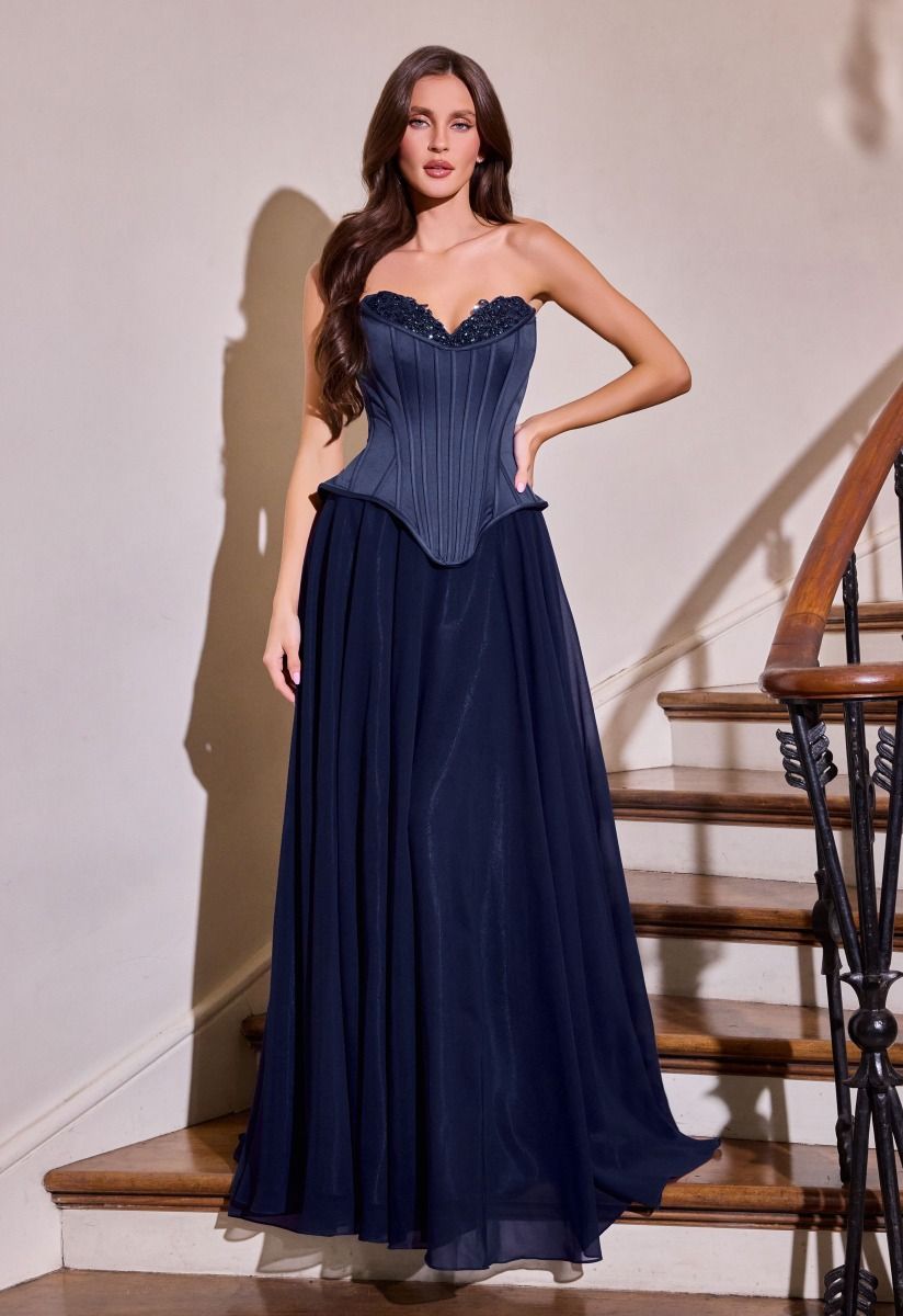 Strapless Evening Lightweight Chiffon Gown w/ Corset Bodice & Matching Flowing Scarf CDJ891