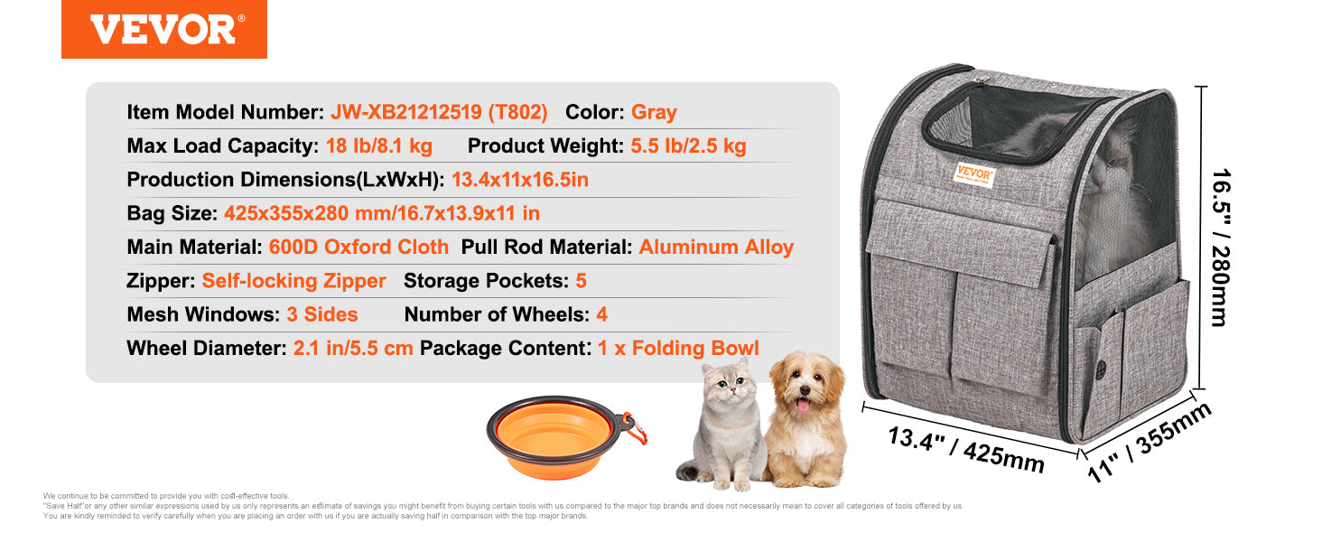 VEVOR Pet Cat Carrier Breathable Outgoing Dog Carry Backpack with Telescopic Handle Wheels and Shoulder Strap for Travel Trip