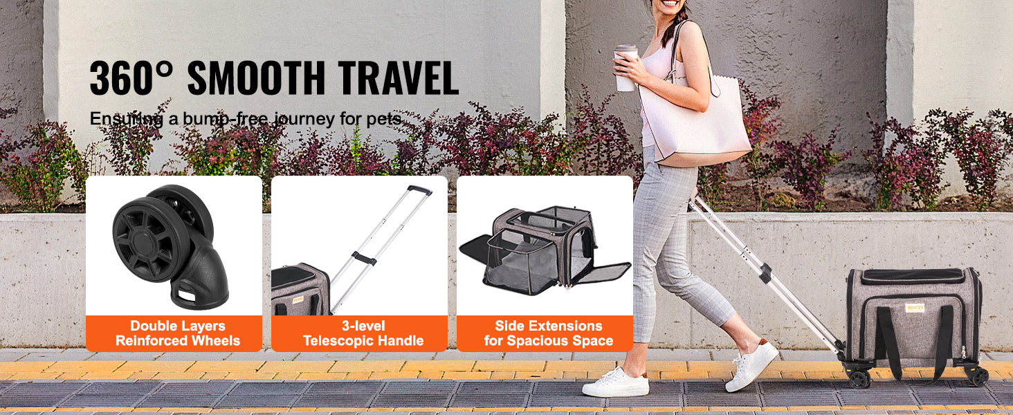 VEVOR Pet Cat Carrier Breathable Outgoing Dog Carry Backpack with Telescopic Handle Wheels and Shoulder Strap for Travel Trip